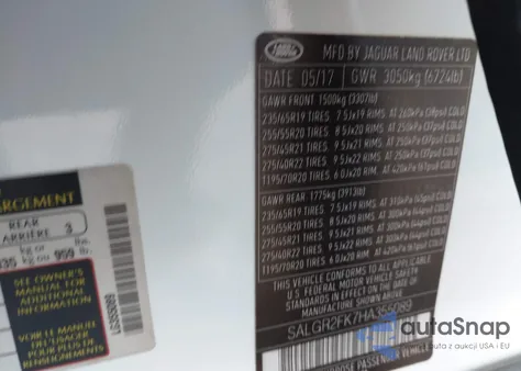 2017 Land Rover Range Rover 3.0L V6 Turbocharged Diesel Td6 z USA, uszkodzony, nr VIN SALGR2FK7HA355089